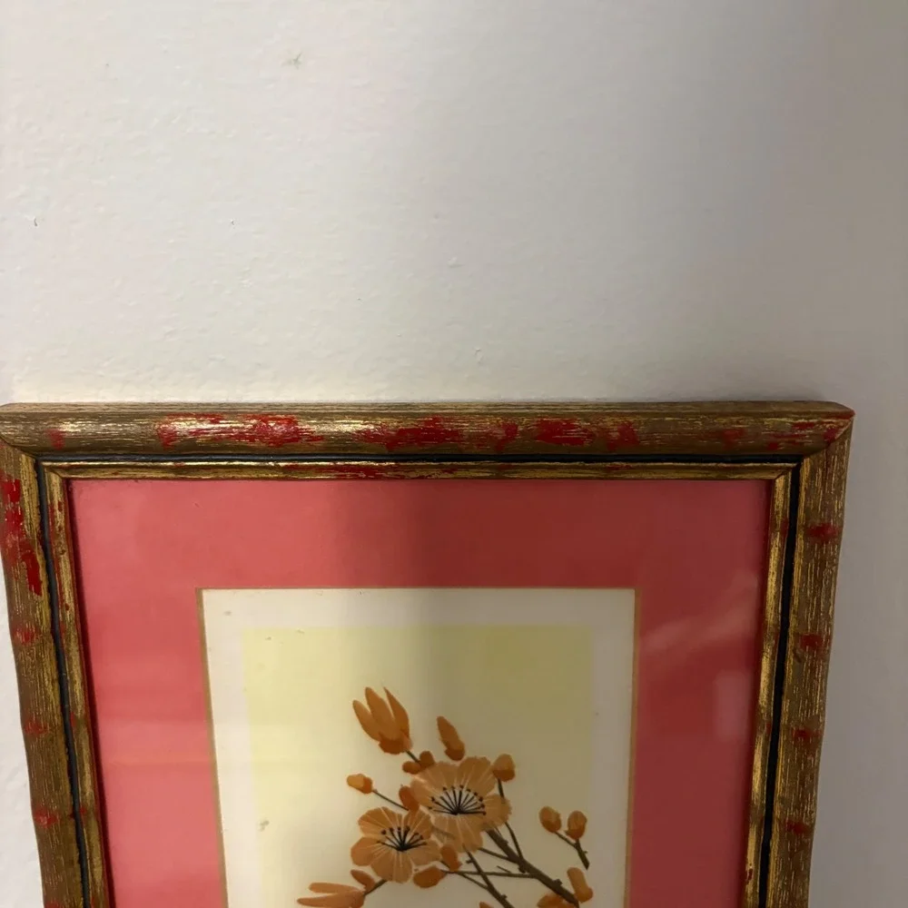 Framed Artwork Chinese Wheat Straw Cherry Blossom Branch Print Coral‎ Mat Gold
